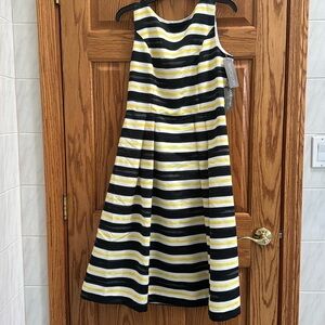 Eva Mendes New York & Company black, yellow, and white stripped dress